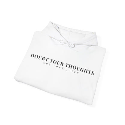 White Christian hoodie with 'Doubt Your Thoughts Not Your Faith' text, folded on white background