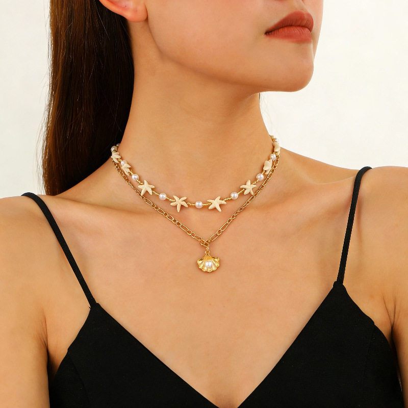 Layered Shell Pearl Starfish Pendant Bohemian Necklace – product view 22