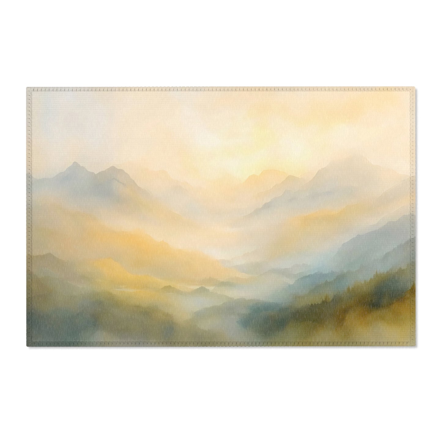 Serene mountain landscape wall art with soft golden sunrise and misty valleys.