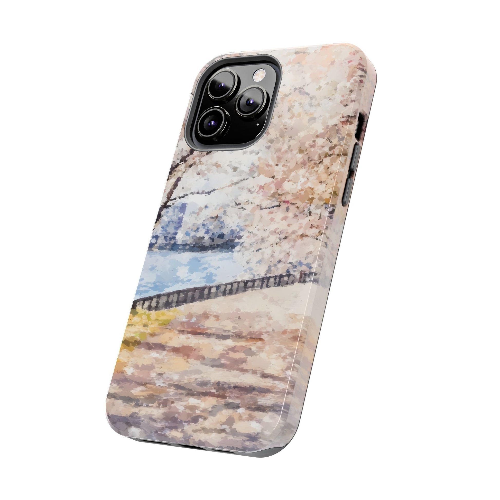 iPhone case with pastel watercolor landscape of cherry blossom trees by a riverside path