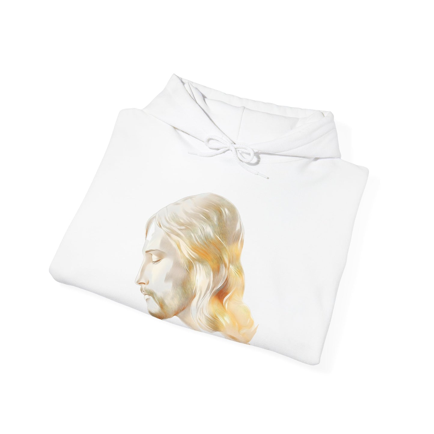 White hoodie with serene watercolor illustration of Jesus face, Christian apparel photography