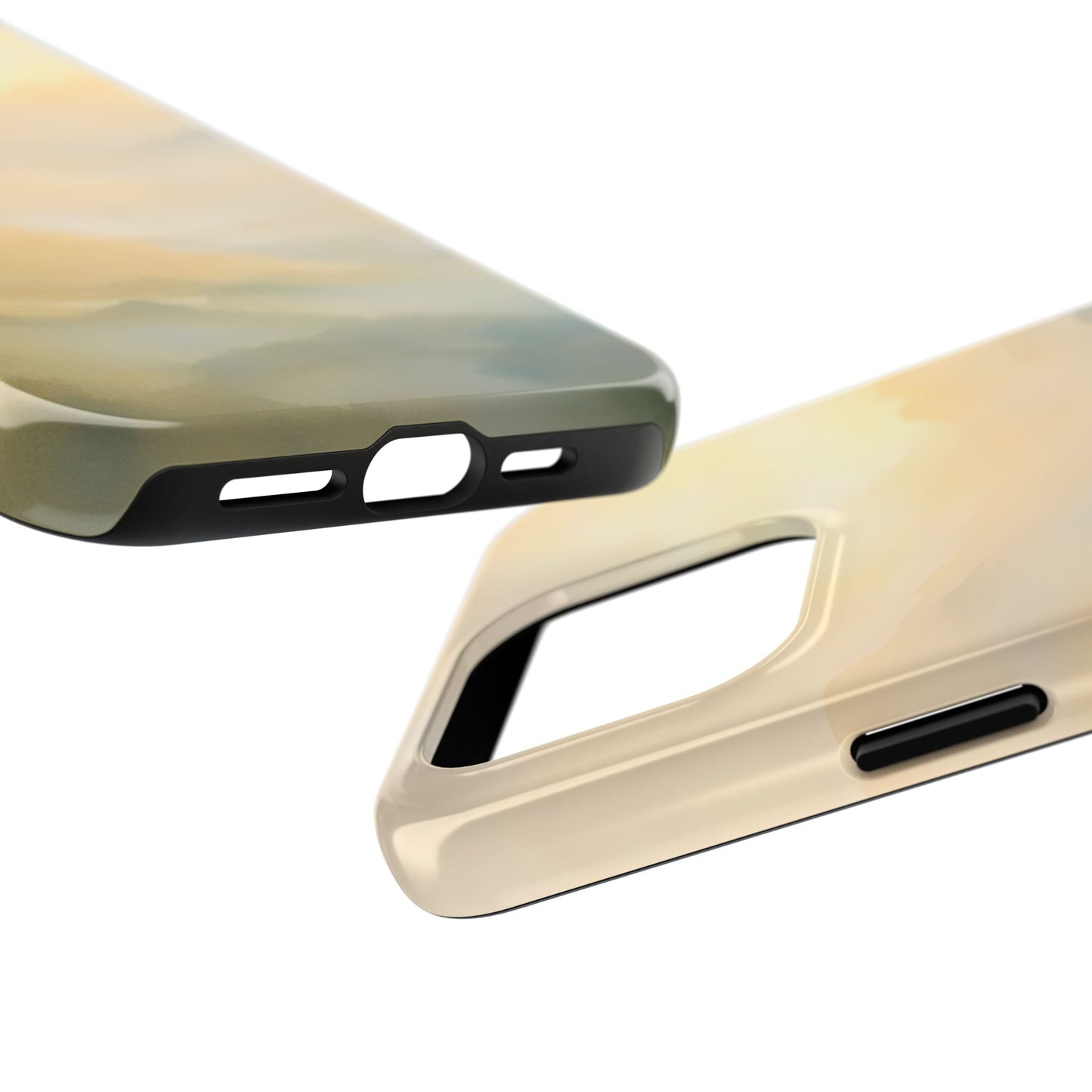 Close-up of two abstract pastel watercolor phone cases with soft, serene color gradients