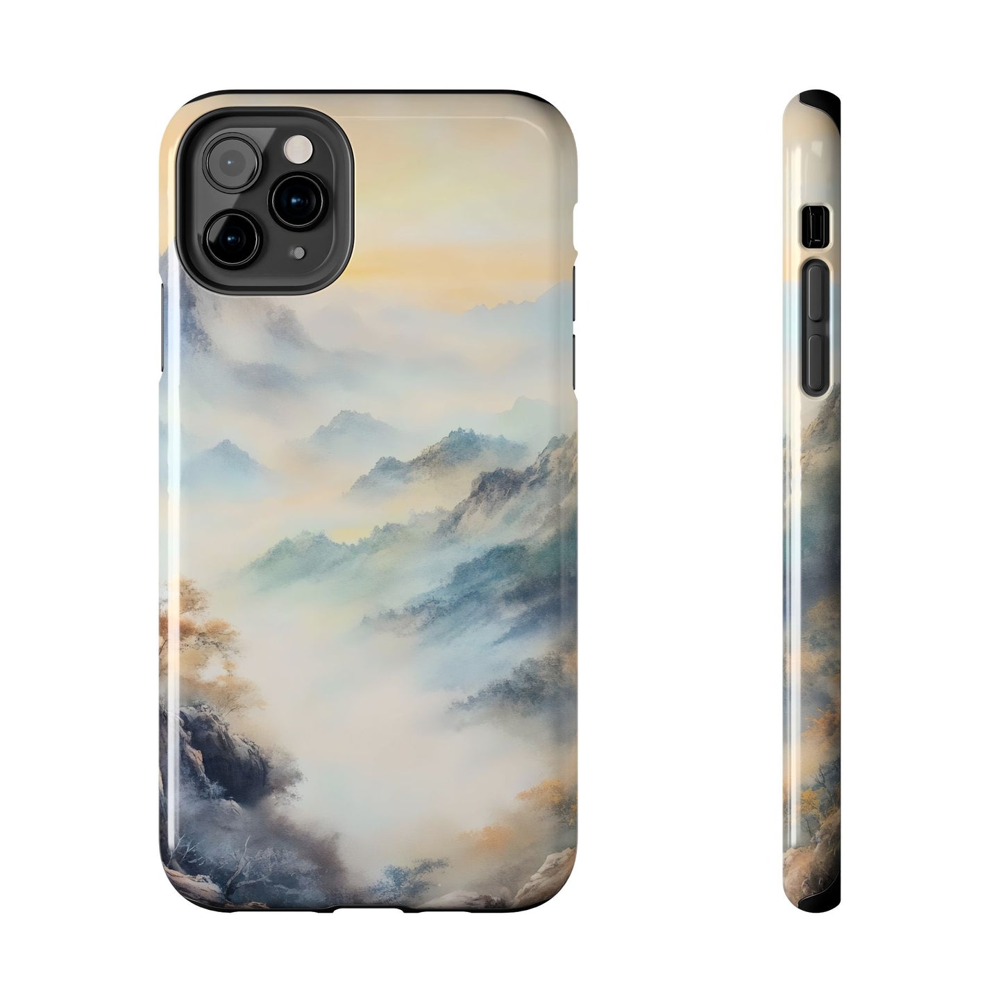 iPhone case with serene misty mountain landscape, spiritual art, calming pastel colors