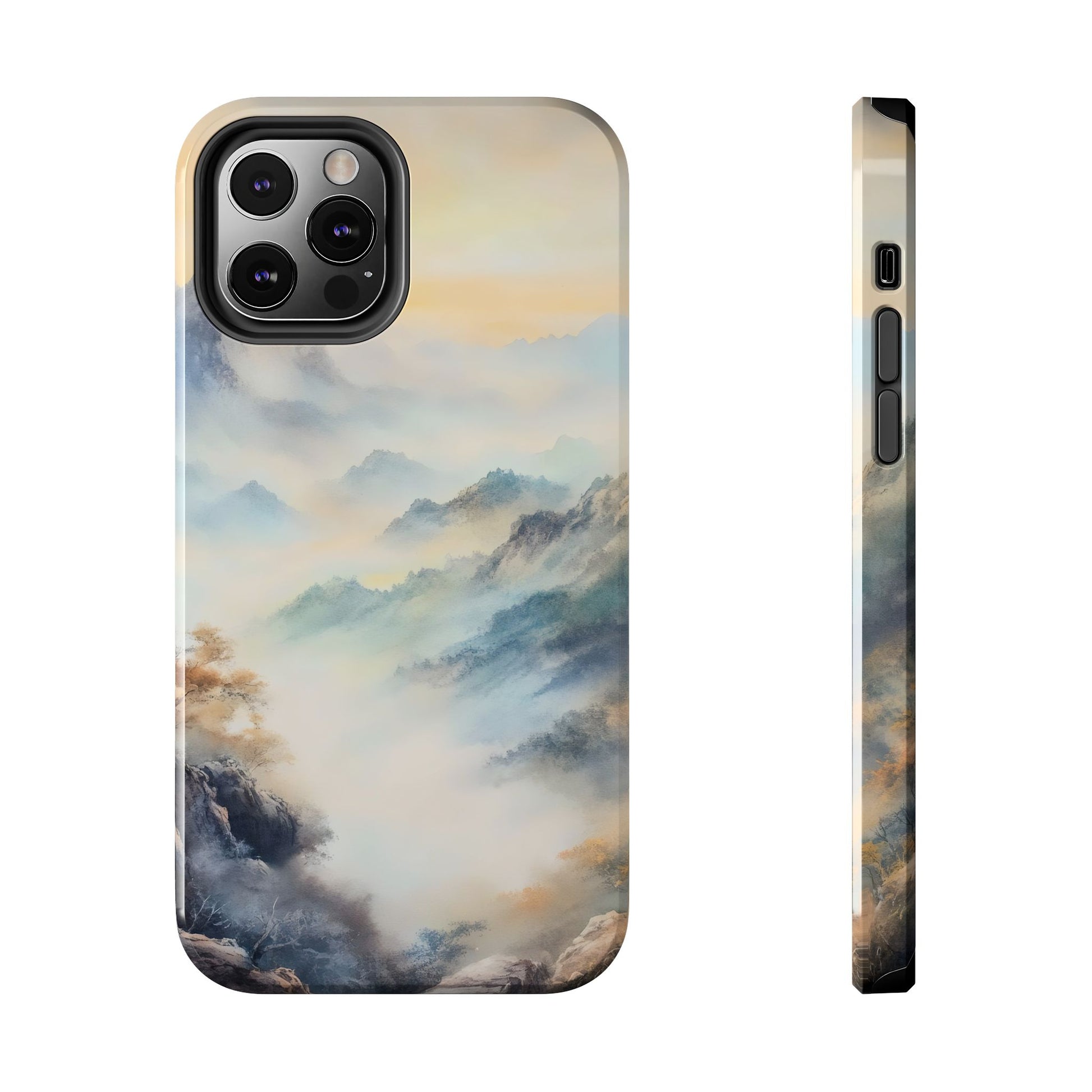 Phone case featuring serene misty mountains landscape in soft pastel tones