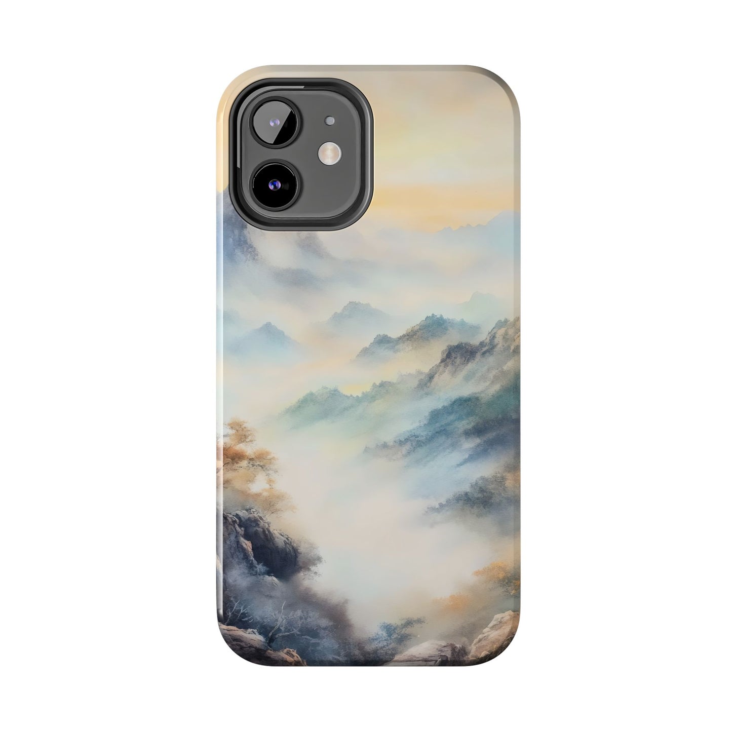 iPhone case with misty mountain landscape, serene pastel scenery, spiritual phone accessory