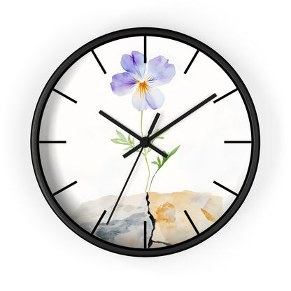 Wall clock with a minimalist watercolor purple pansy design