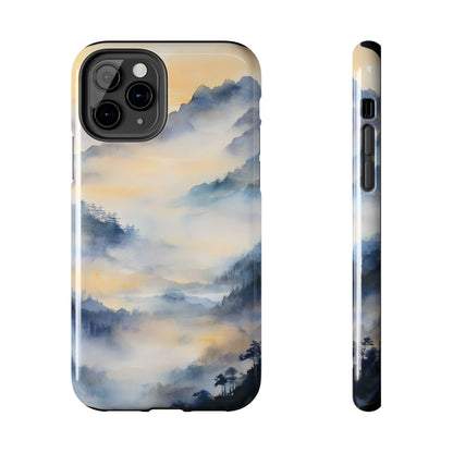 Phone case with serene watercolor mountain landscape and misty sunrise design.