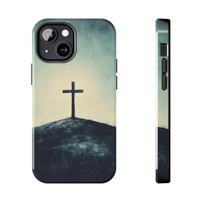 Christian phone case with cross on hill, minimalist faith-inspired art design