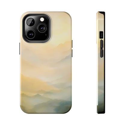 iPhone case with serene pastel mountain landscape, soft yellow and blue watercolor design