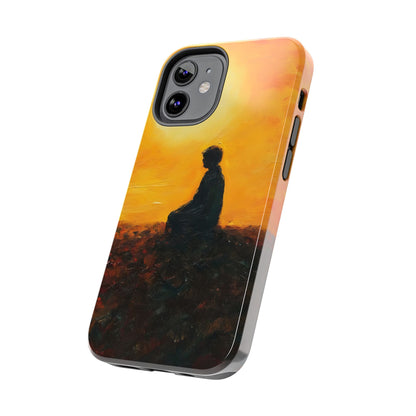 Phone case with silhouette of person meditating at sunset, spiritual mindful art design