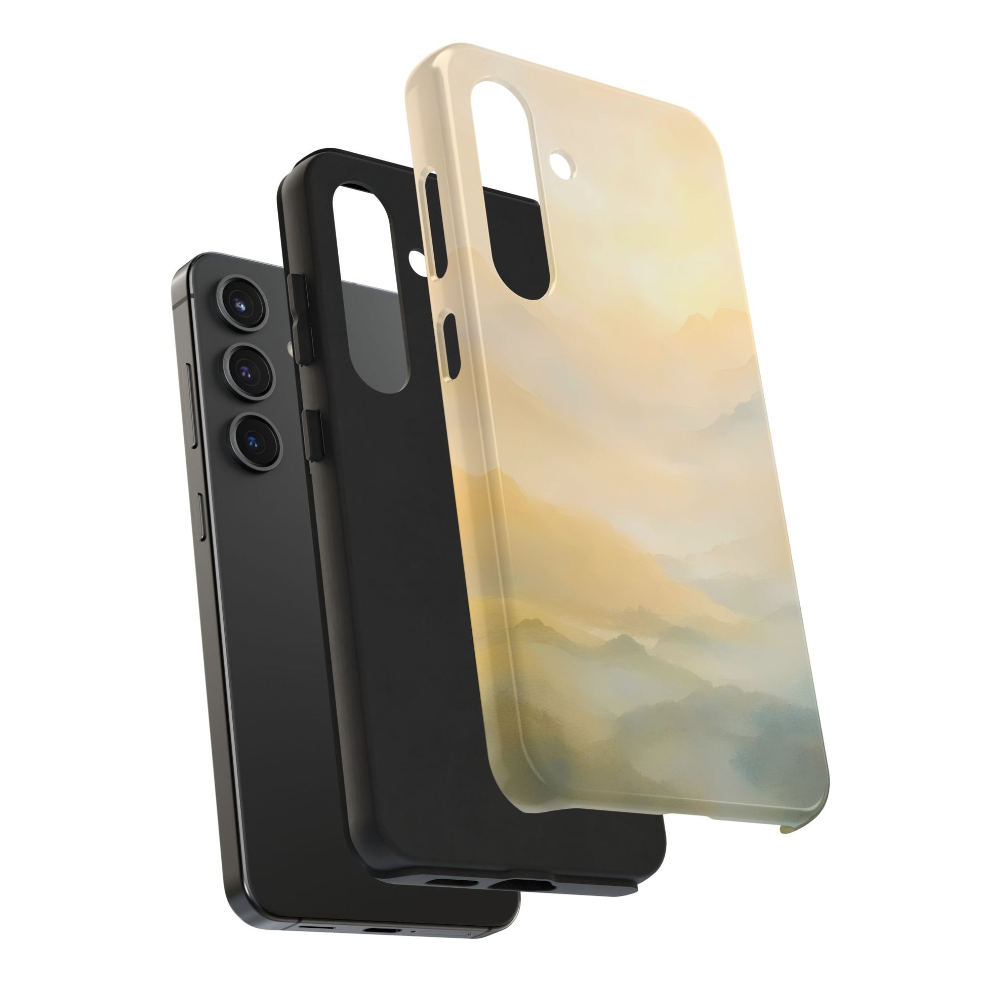 Misty mountain Christian phone case with soft yellow and green landscape for smartphones