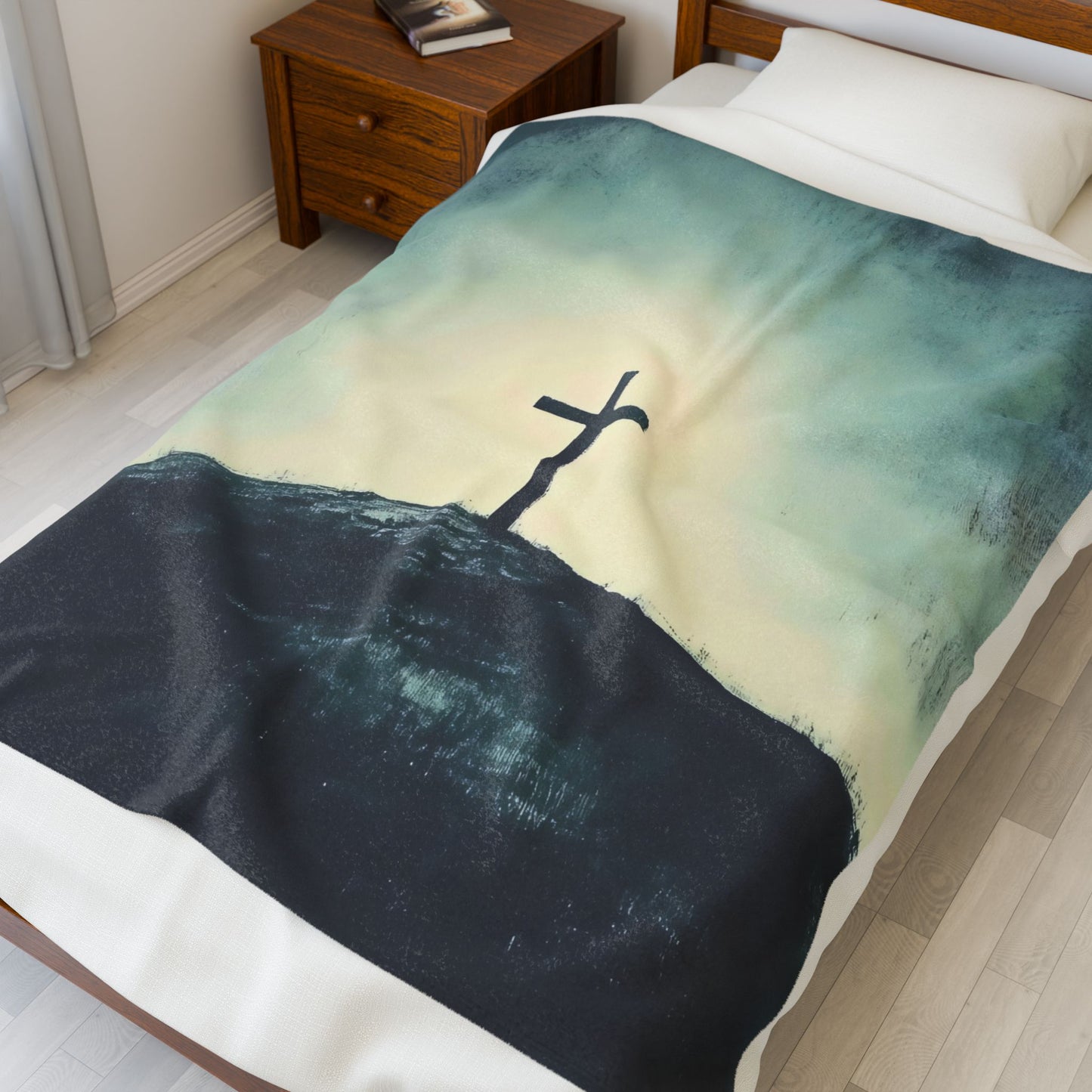 Cross on Hill Velveteen Plush Blanket | Religious Christian Decor, Prayer Throw