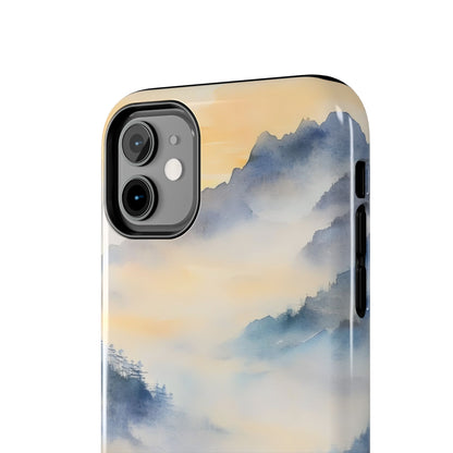 Phone case with serene blue and yellow mountain landscape and misty spiritual design