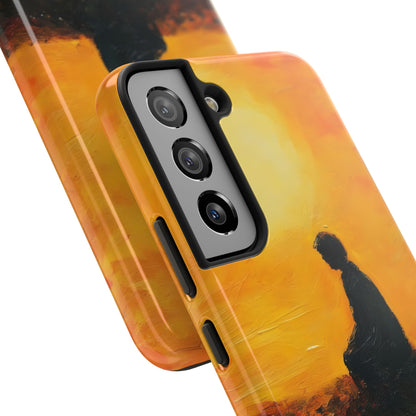 Phone case with silhouette of meditating person at sunset, spiritual art design