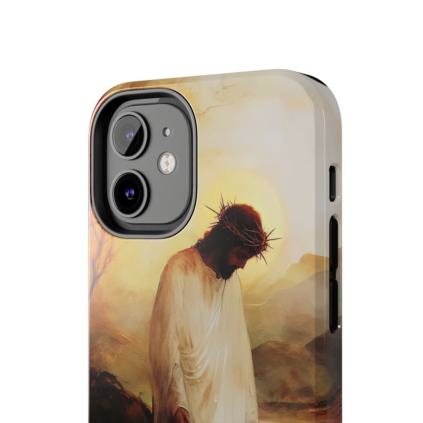Phone case with Jesus wearing a crown of thorns, serene landscape background, faith-inspired art