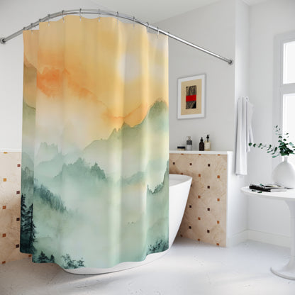 Bathroom with watercolor mountain landscape shower curtain, modern decor, natural light