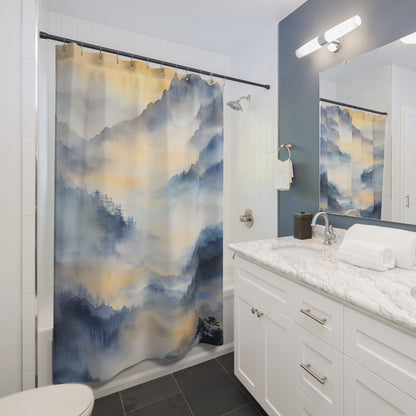 Modern bathroom with marble countertop and blue watercolor mountain shower curtain