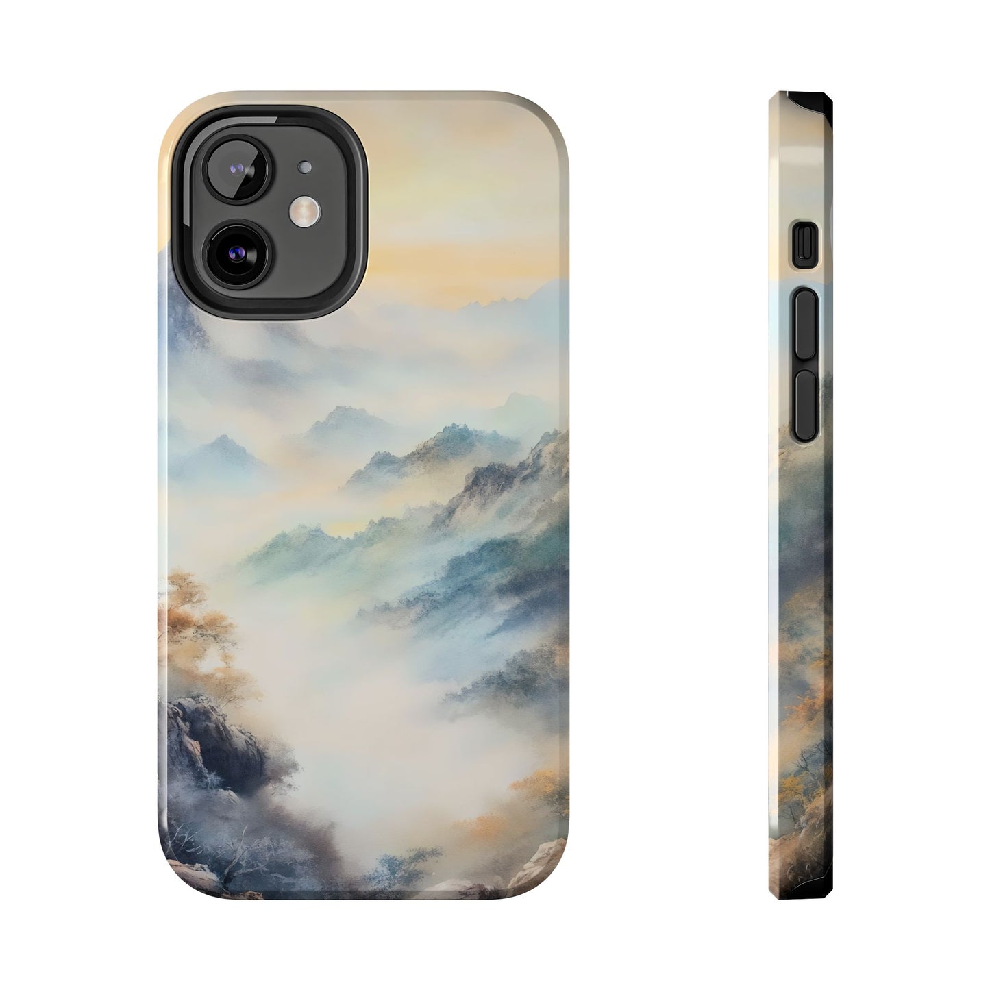 Christian phone case with serene misty mountain landscape in soft pastel colors