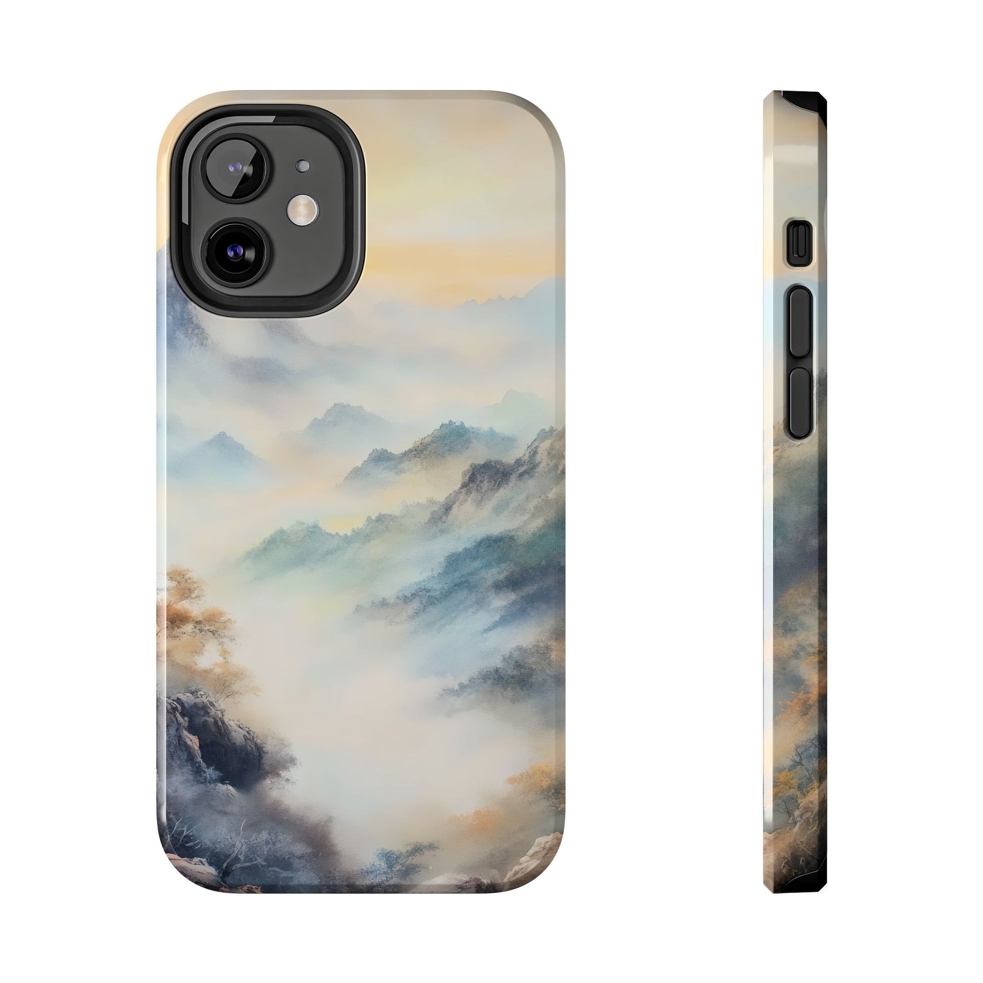 Christian phone case with serene misty mountain landscape in soft pastel colors