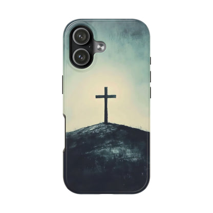 Christian cross on a hill phone case with minimalist faith-inspired art