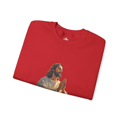 Red Christian sweatshirt featuring praying Jesus illustration, faith-inspired apparel