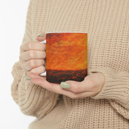 Woman in beige sweater holding coffee mug with abstract orange sunset landscape design