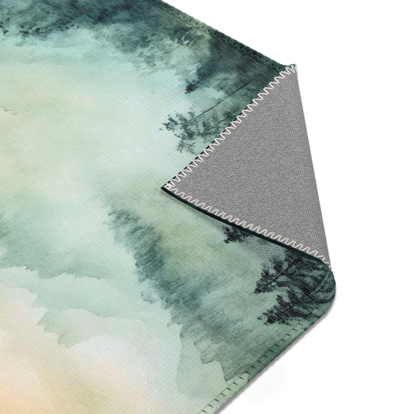 Christian wall art tapestry with serene watercolor forest design and stitched edges