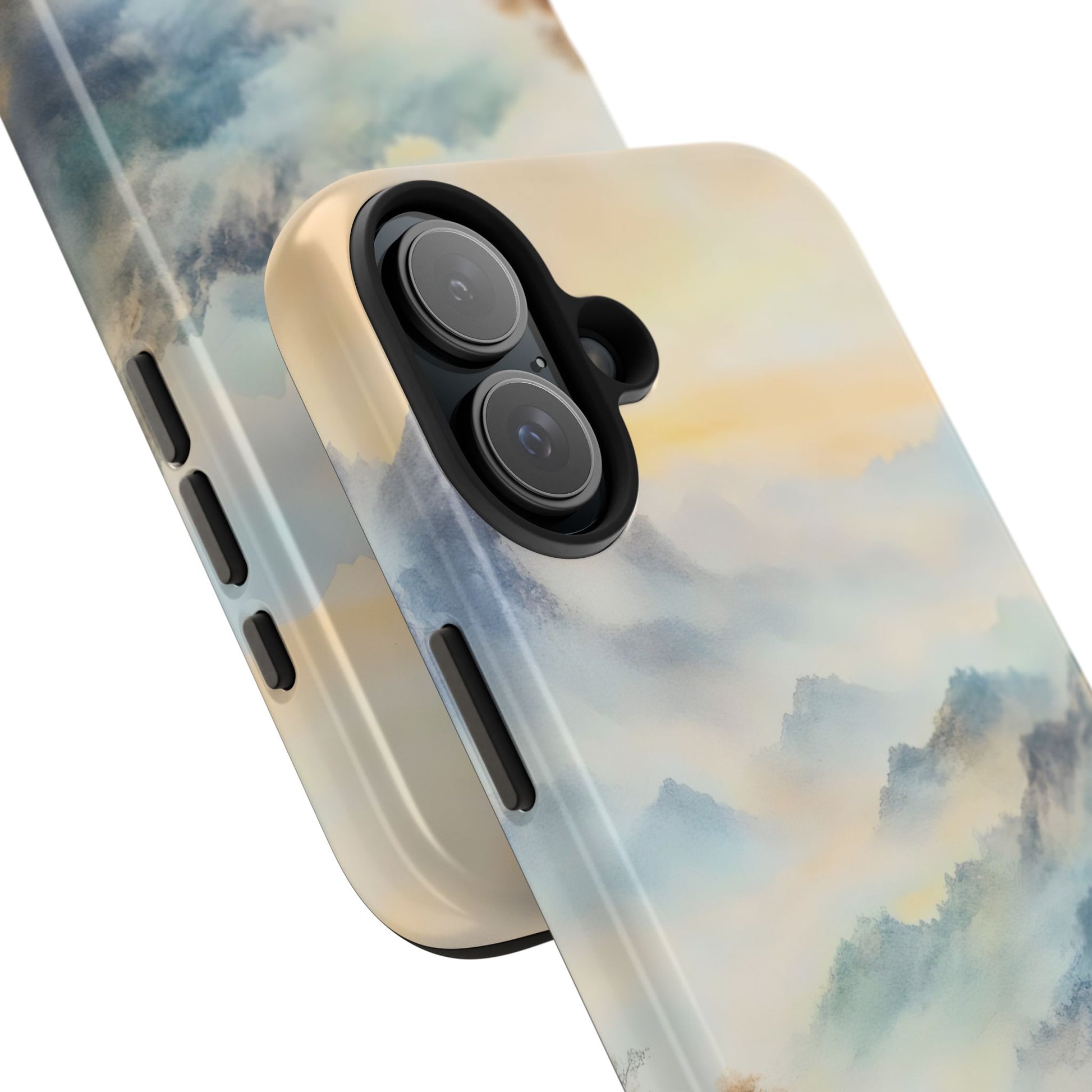 Christian phone case with soft pastel watercolor clouds and mountains, modern faith-inspired design