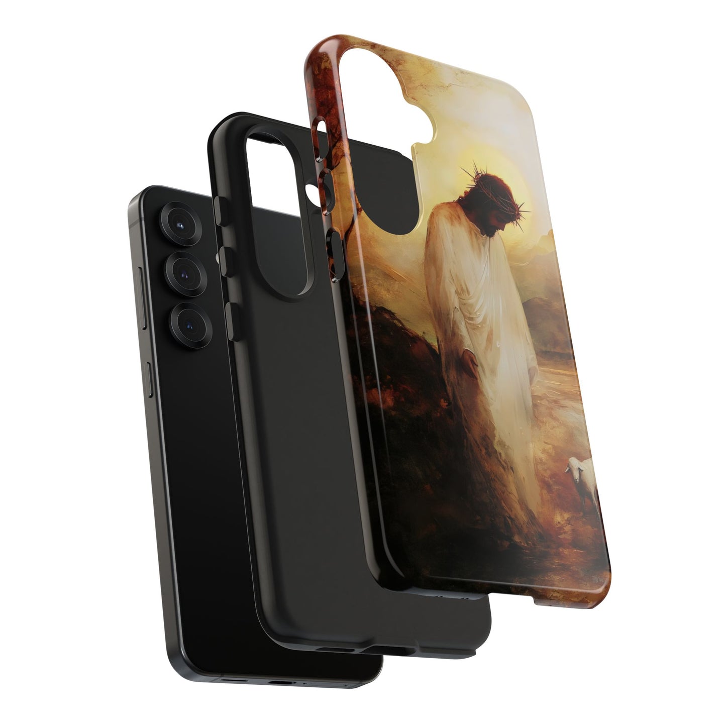 Christian phone case with Jesus in white robe and crown of thorns, spiritual art design