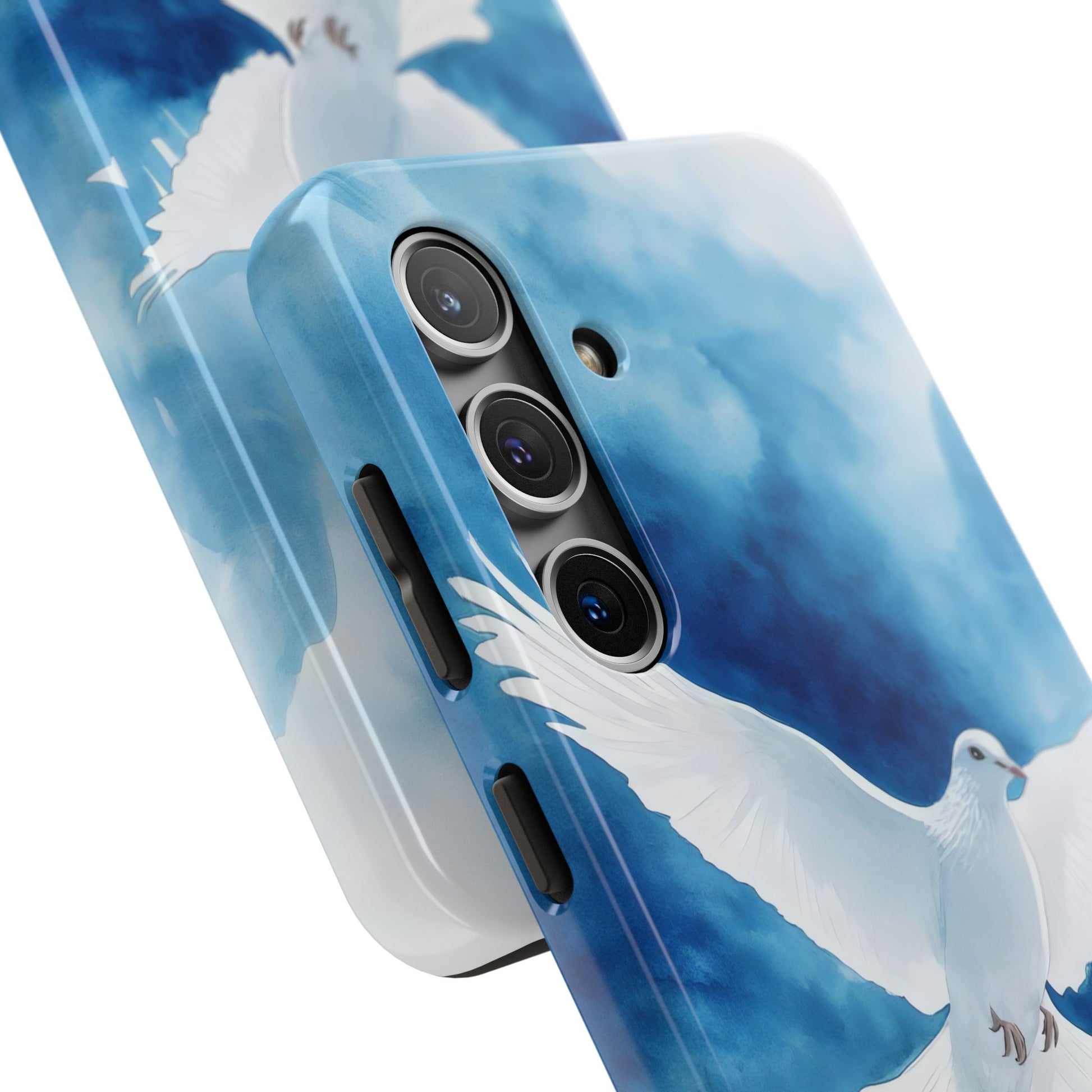 Christian phone case with white dove illustration on blue sky background, faith-inspired design