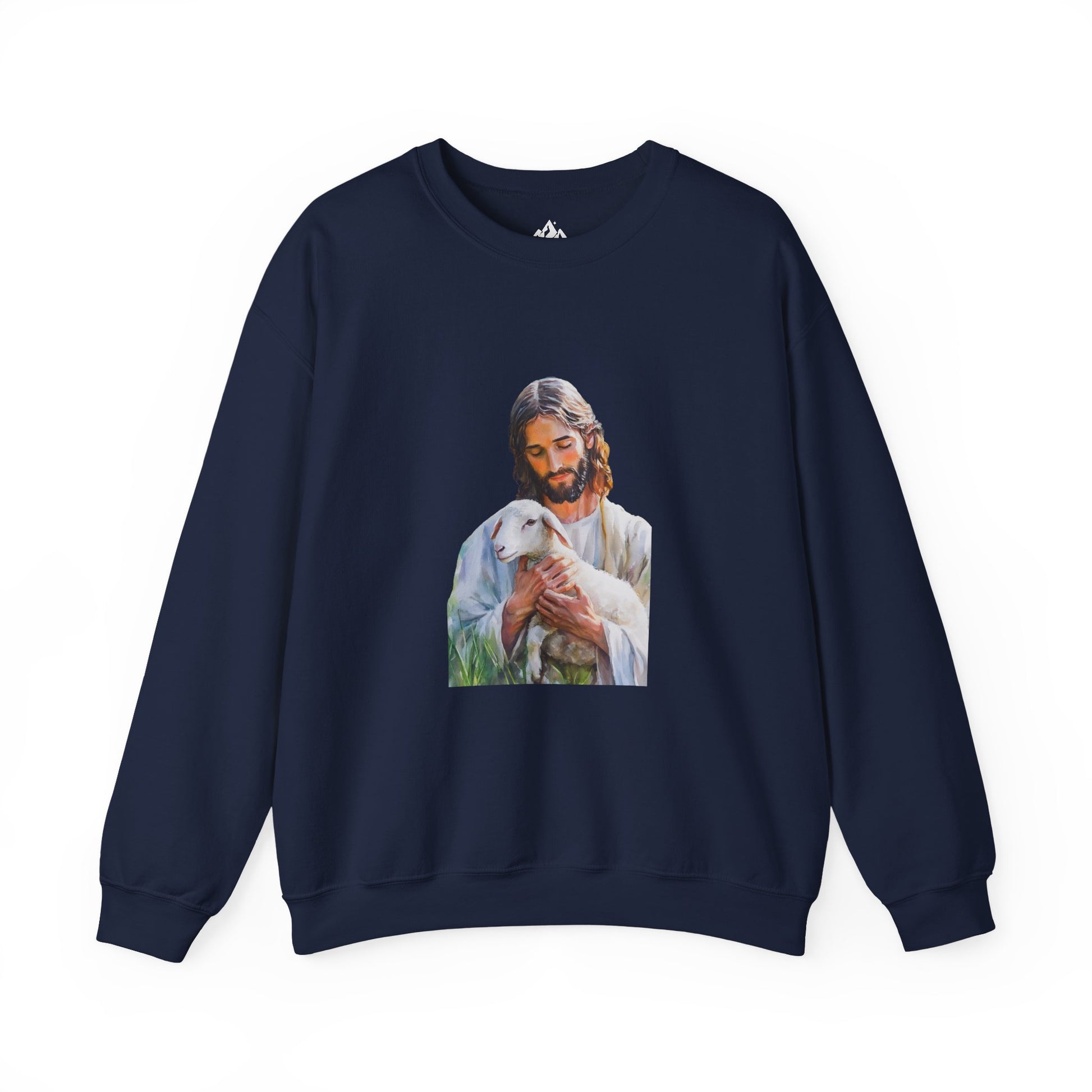 Navy blue Christian sweatshirt with Jesus holding a lamb graphic, faith-inspired apparel