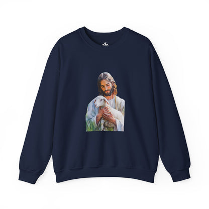 Navy blue Christian sweatshirt with Jesus holding a lamb graphic, faith-inspired apparel