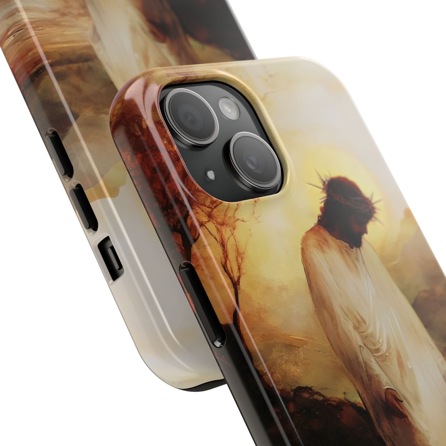 iPhone case with Christian art depicting Jesus with a crown of thorns in a serene landscape