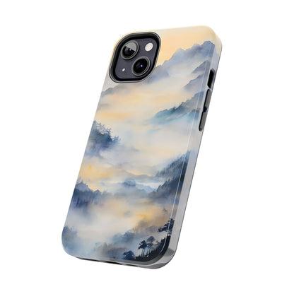 iPhone case with serene watercolor mountain landscape in blue and yellow tones