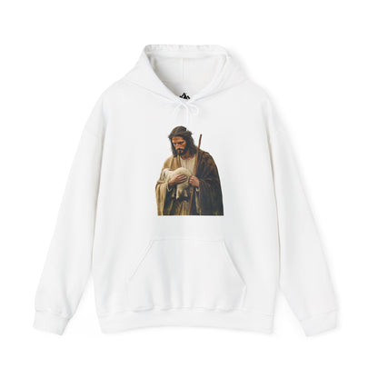 White hoodie featuring a shepherd with a lamb, Christian faith-inspired apparel