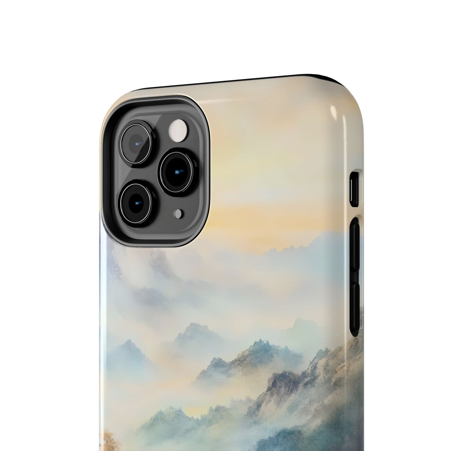 Phone case with serene mountain landscape watercolor design in soft pastel colors