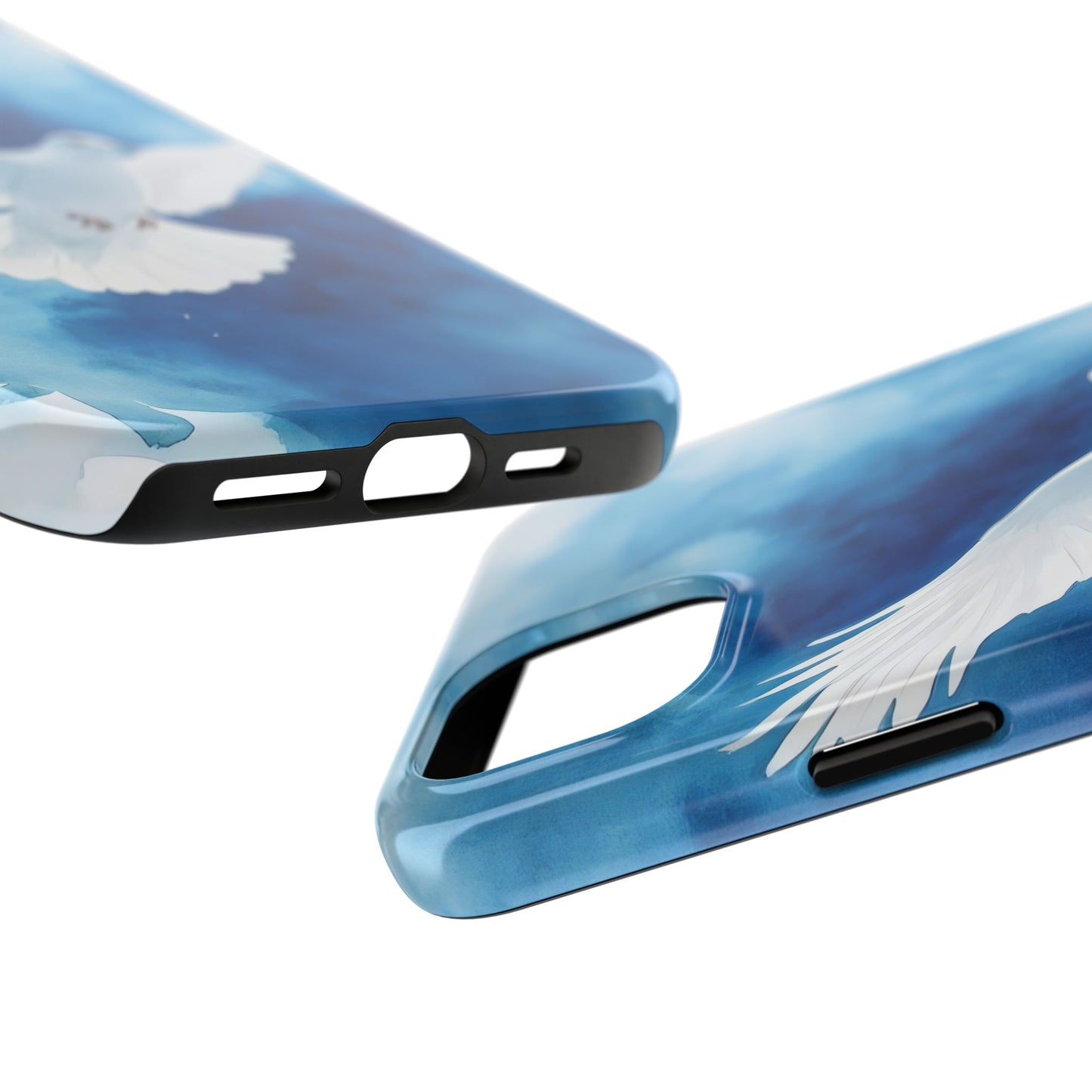 Blue phone case with white dove illustration, faith-inspired protective cover