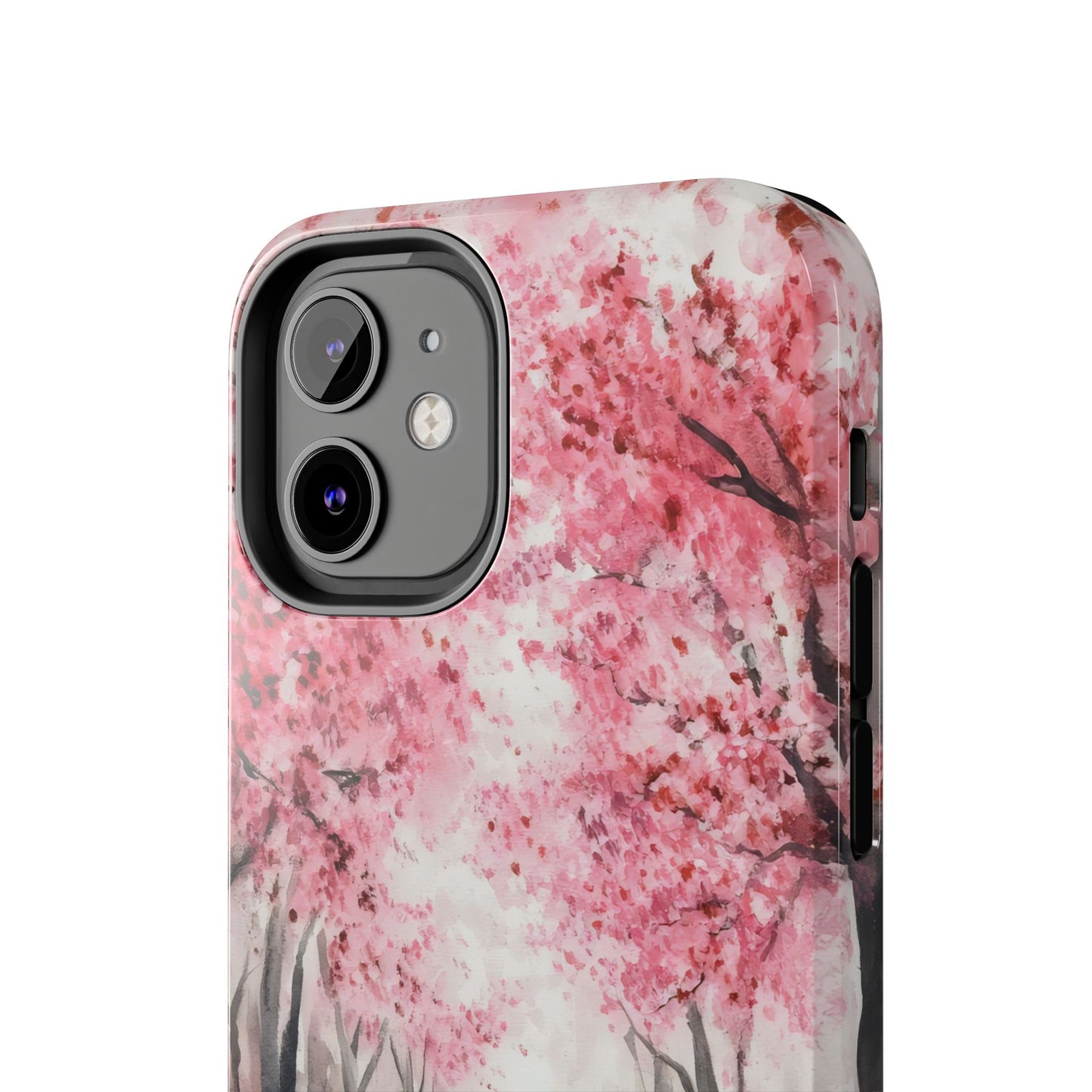 Phone case with pink cherry blossom watercolor tree design