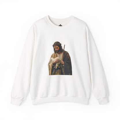 White Christian sweatshirt featuring Jesus holding a lamb, faith-inspired apparel on plain background