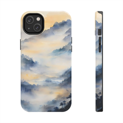 Phone case with serene watercolor mountain landscape in misty blue and yellow tones