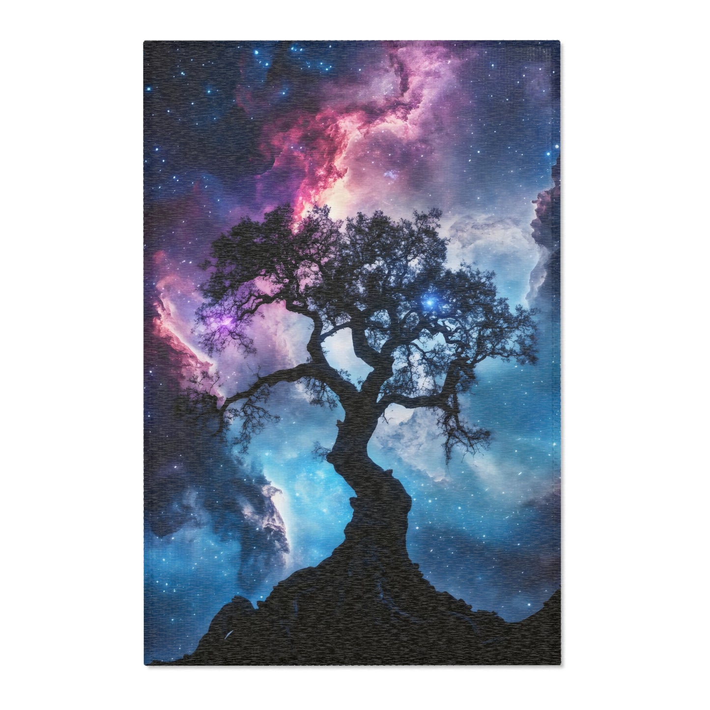 Silhouette of a tree against a vibrant starry sky and colorful nebula, spiritual wall art