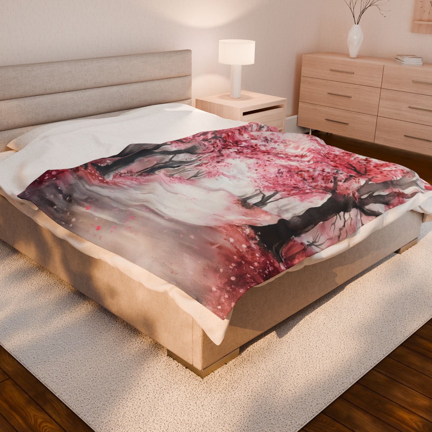 Cherry Blossom Path Velveteen Plush Blanket | Pink Tree Scenic Throw