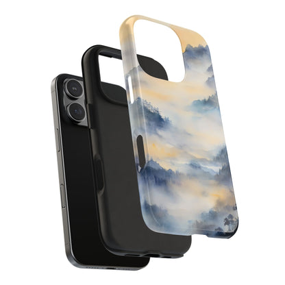 iPhone case with serene watercolor mountain landscape in blue and gold, floating near phone