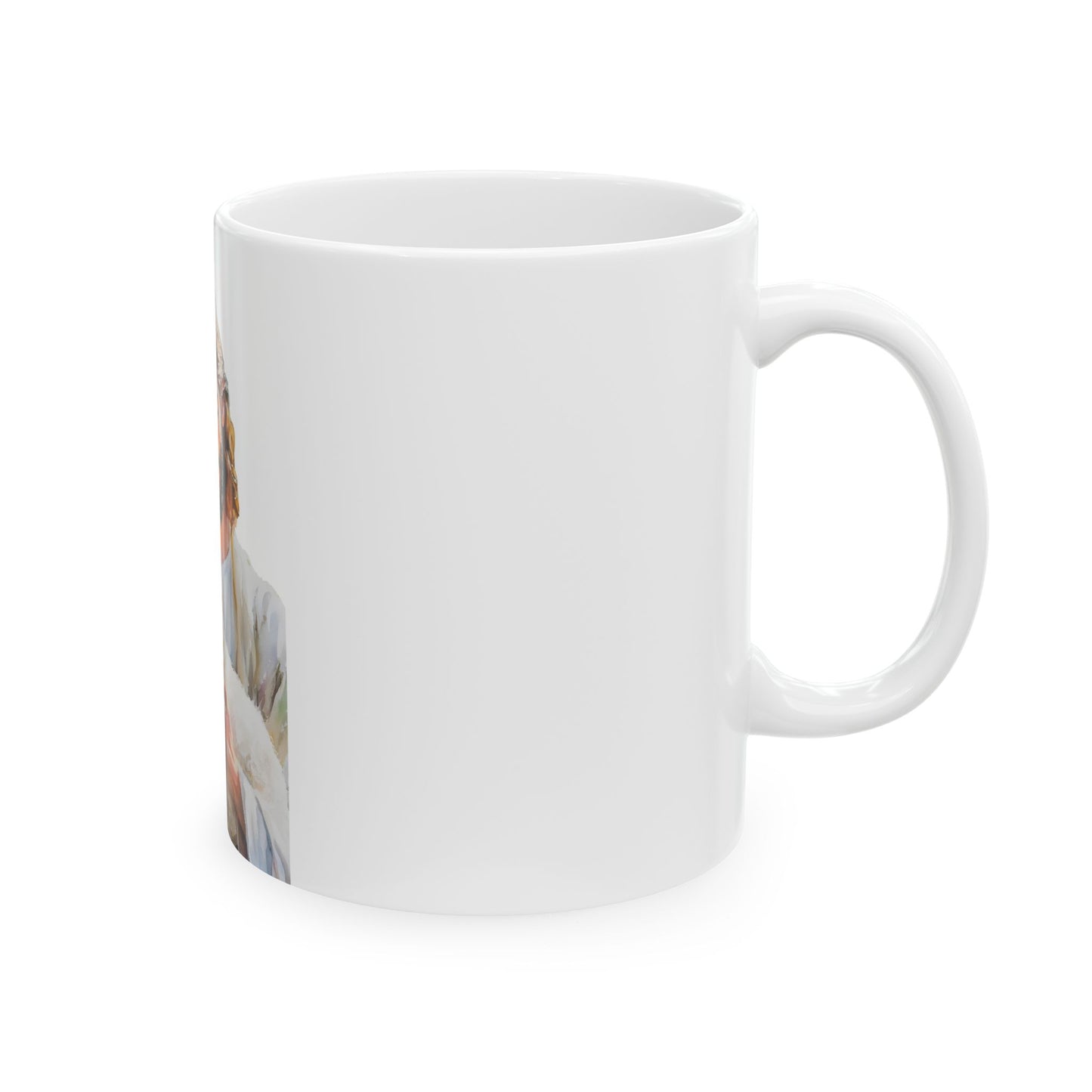 White ceramic mug with partial image of a person in soft, pastel colors on the left side