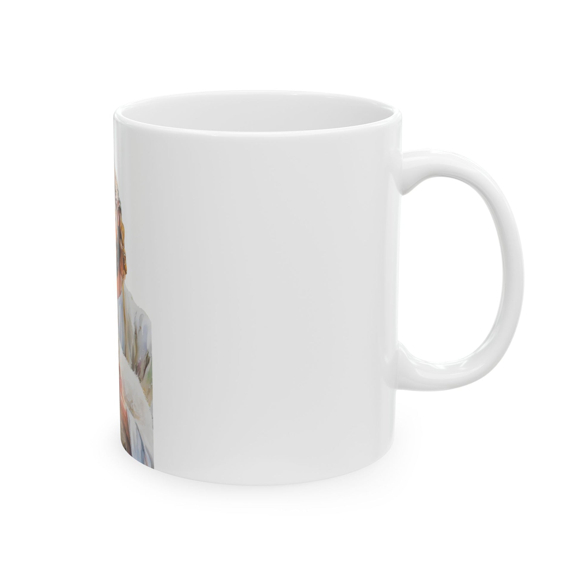 White ceramic mug with partial image of a person in soft, pastel colors on the left side