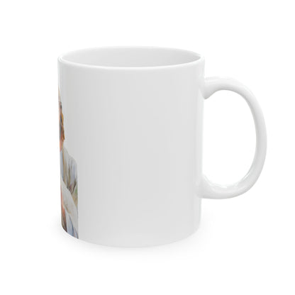 White ceramic mug with partial image of a person in soft, pastel colors on the left side