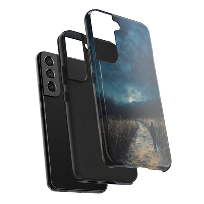 Christian phone case with moody landscape, silhouette walking path, spiritual wall art design