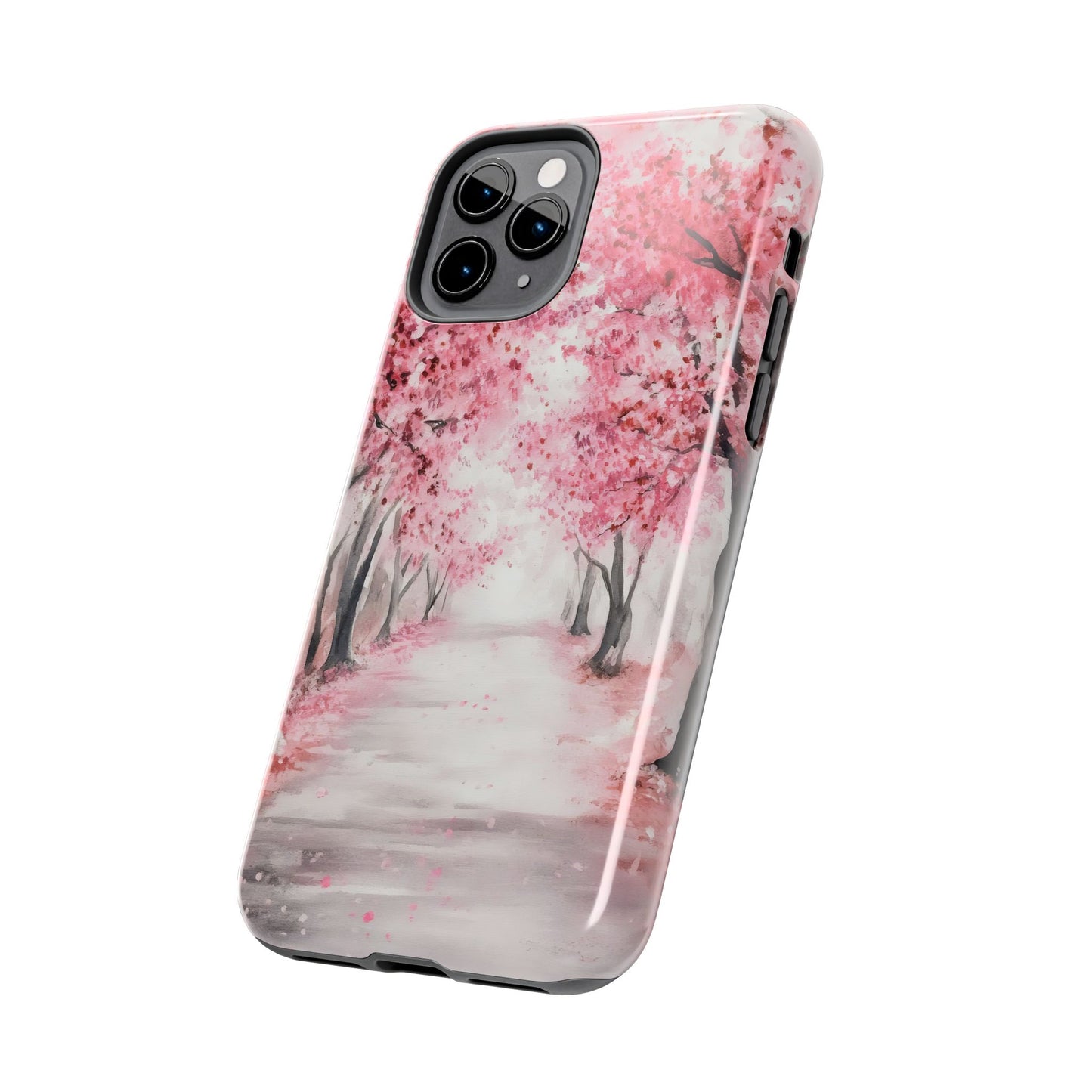 iPhone case with pink cherry blossom tree path design, spiritual nature phone cover