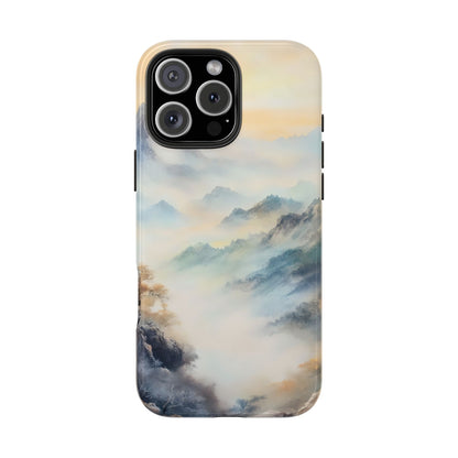 Phone case with serene misty mountain landscape, soft pastel colors, calming design