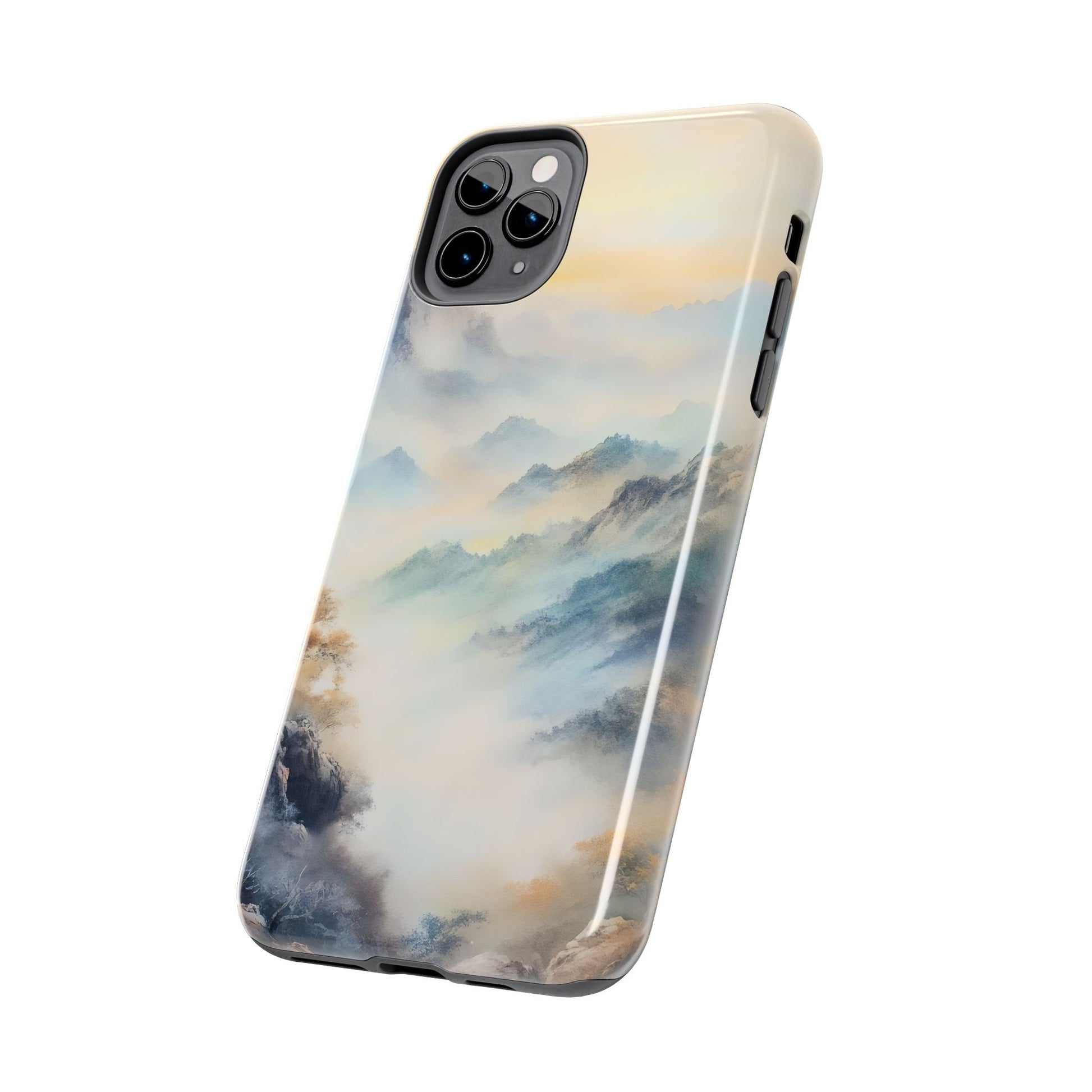 Phone case with serene mountain landscape design in soft pastel colors, nature-inspired art